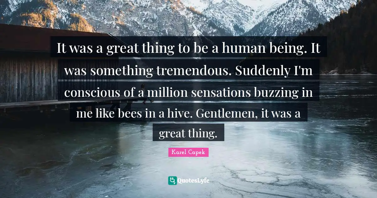 It was a great thing to be a human being. It was something tremendous. Suddenly I'm conscious of a million sensations buzzing in me like bees in a hive. Gentlemen, it was a great thing.