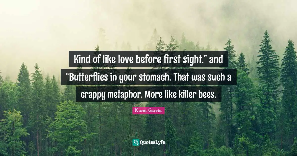 Kind of like love before first sight.” and “Butterflies in your stomach. That was such a crappy metaphor. More like killer bees.