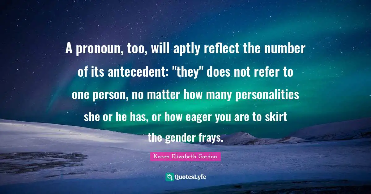 A pronoun, too, will aptly reflect the number of its antecedent: "they" does not refer to one person, no matter how many personalities she or he has, or how eager you are to skirt the gender frays.