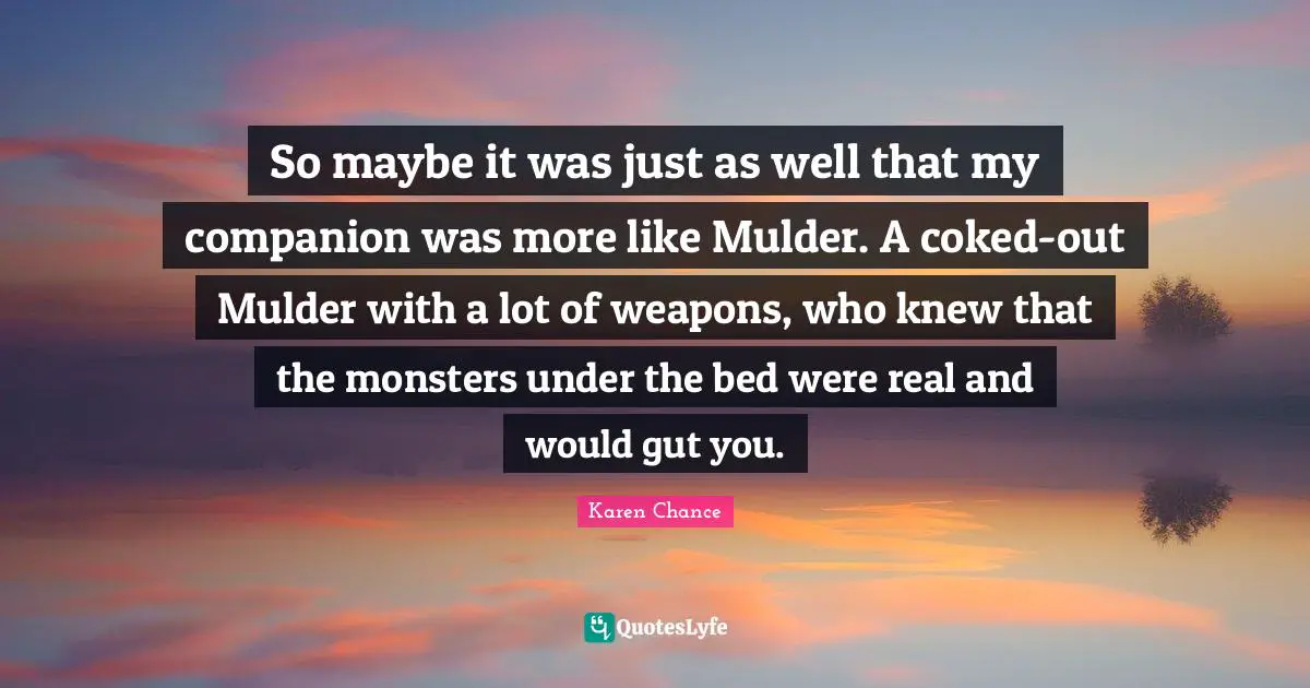 So maybe it was just as well that my companion was more like Mulder. A coked-out Mulder with a lot of weapons, who knew that the monsters under the bed were real and would gut you.