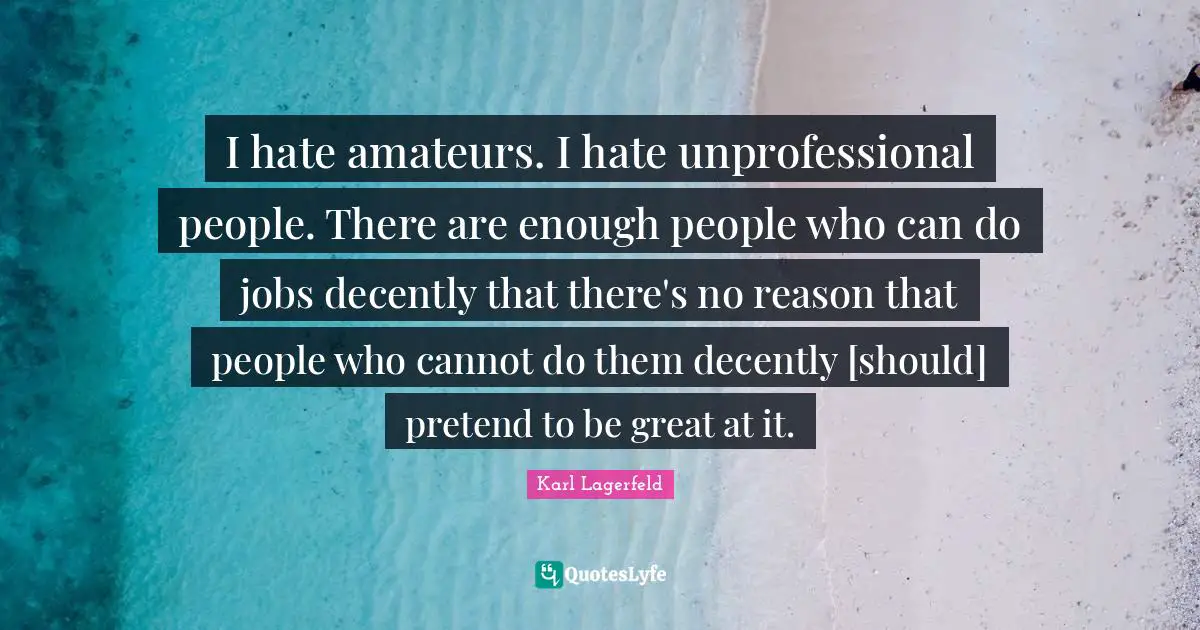 I hate amateurs. I hate unprofessional people. There are enough people who can do jobs decently that there's no reason that people who cannot do them decently [should] pretend to be great at it.