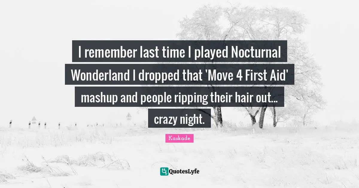 Kaskade Quotes: "I remember last time I played Nocturnal Wonderland I dropped that 'Move 4 First Aid' mashup and people ripping their hair out... crazy night."
