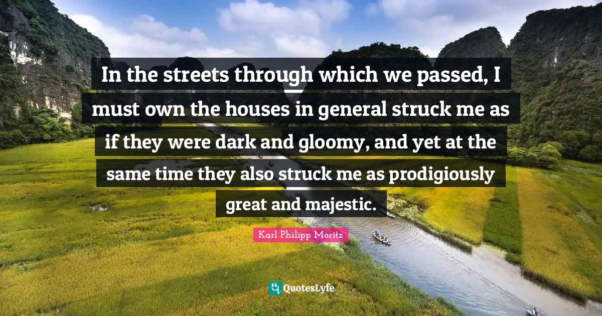 Karl Philipp Moritz Quotes: "In the streets through which we passed, I must own the houses in general struck me as if they were dark and gloomy, and yet at the same time they also struck me as prodigiously great and majestic."