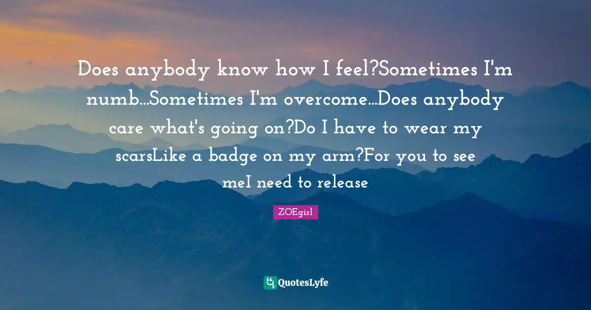 Does anybody know how I feel?Sometimes I'm numb...Sometimes I'm overcome...Does anybody care what's going on?Do I have to wear my scarsLike a badge on my arm?For you to see meI need to release