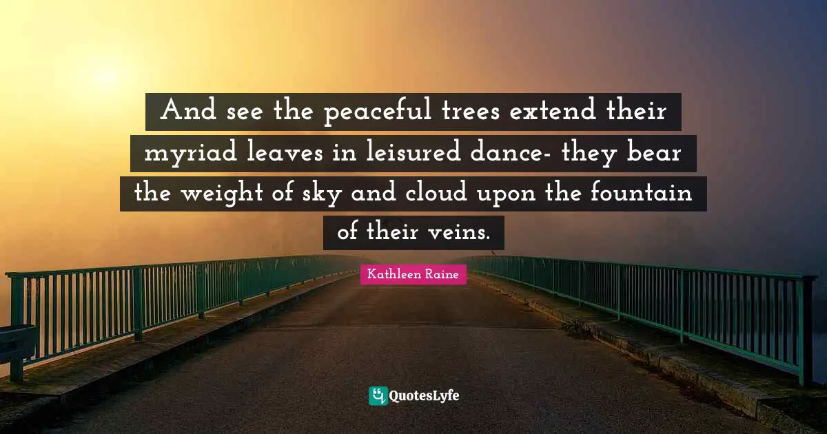 And see the peaceful trees extend their myriad leaves in leisured dance- they bear the weight of sky and cloud upon the fountain of their veins.