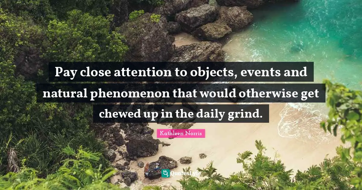 Kathleen Norris Quotes: "Pay close attention to objects, events and natural phenomenon that would otherwise get chewed up in the daily grind."