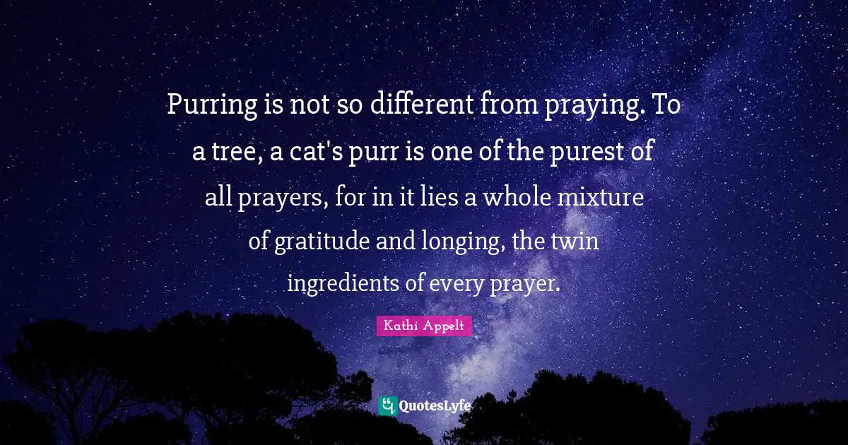 Purring is not so different from praying. To a tree, a cat's purr is one of the purest of all prayers, for in it lies a whole mixture of gratitude and longing, the twin ingredients of every prayer.