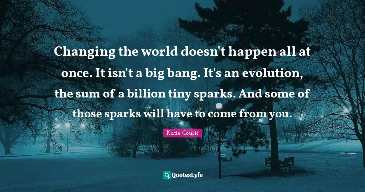 Changing the world doesn't happen all at once. It isn't a big bang. It's an evolution, the sum of a billion tiny sparks. And some of those sparks will have to come from you.