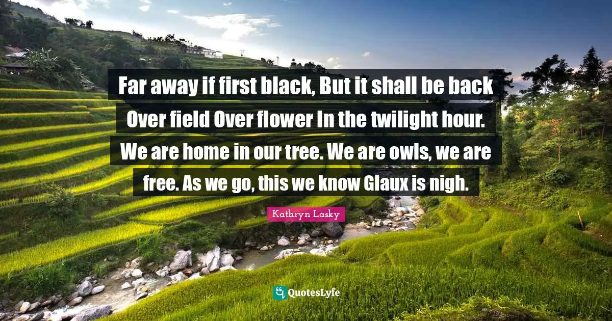 Far away if first black, But it shall be back Over field Over flower In the twilight hour. We are home in our tree. We are owls, we are free. As we go, this we know Glaux is nigh.