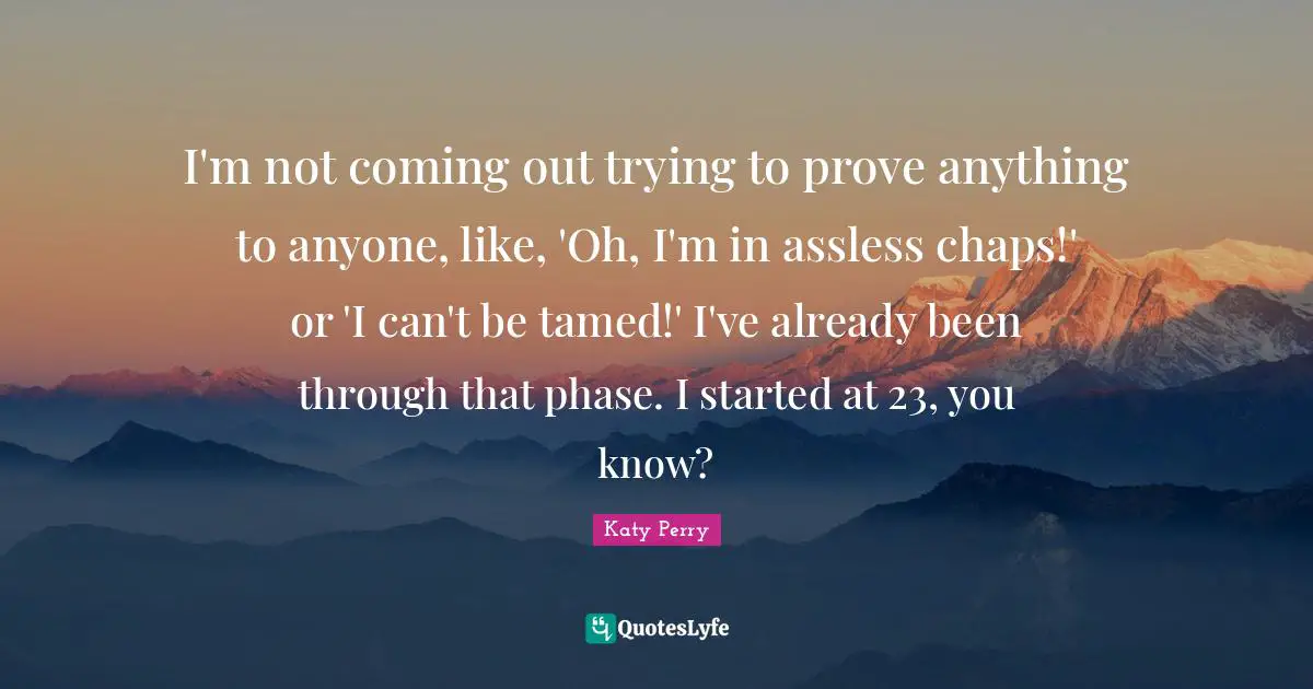 I'm not coming out trying to prove anything to anyone, like, 'Oh, I'm in assless chaps!' or 'I can't be tamed!' I've already been through that phase. I started at 23, you know?
