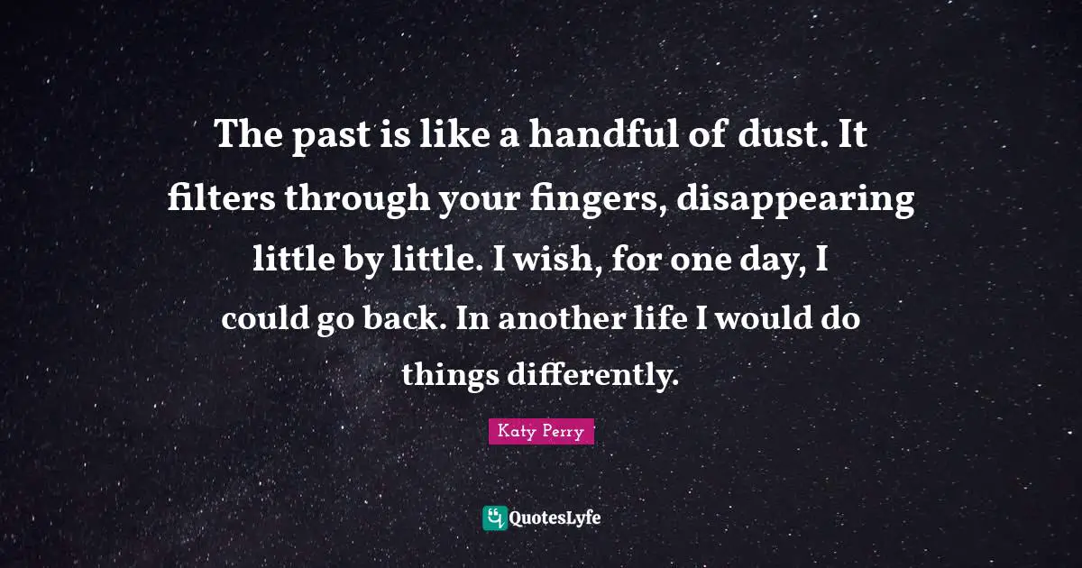 The past is like a handful of dust. It filters through your fingers, disappearing little by little. I wish, for one day, I could go back. In another life I would do things differently.