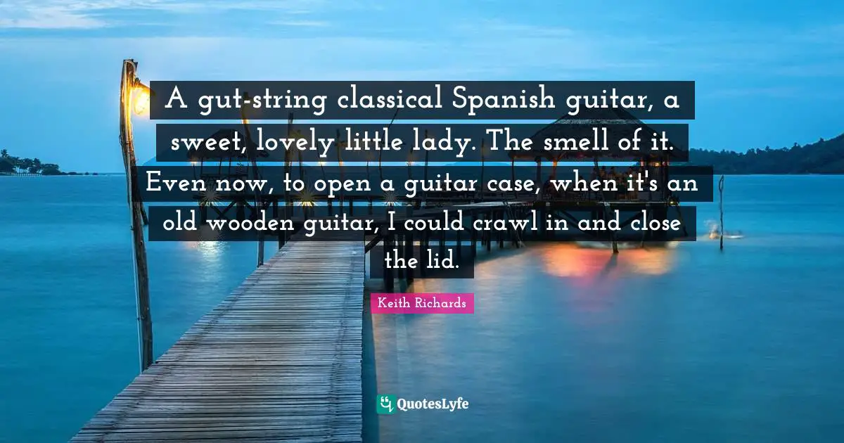 A gut-string classical Spanish guitar, a sweet, lovely little lady. The smell of it. Even now, to open a guitar case, when it's an old wooden guitar, I could crawl in and close the lid.