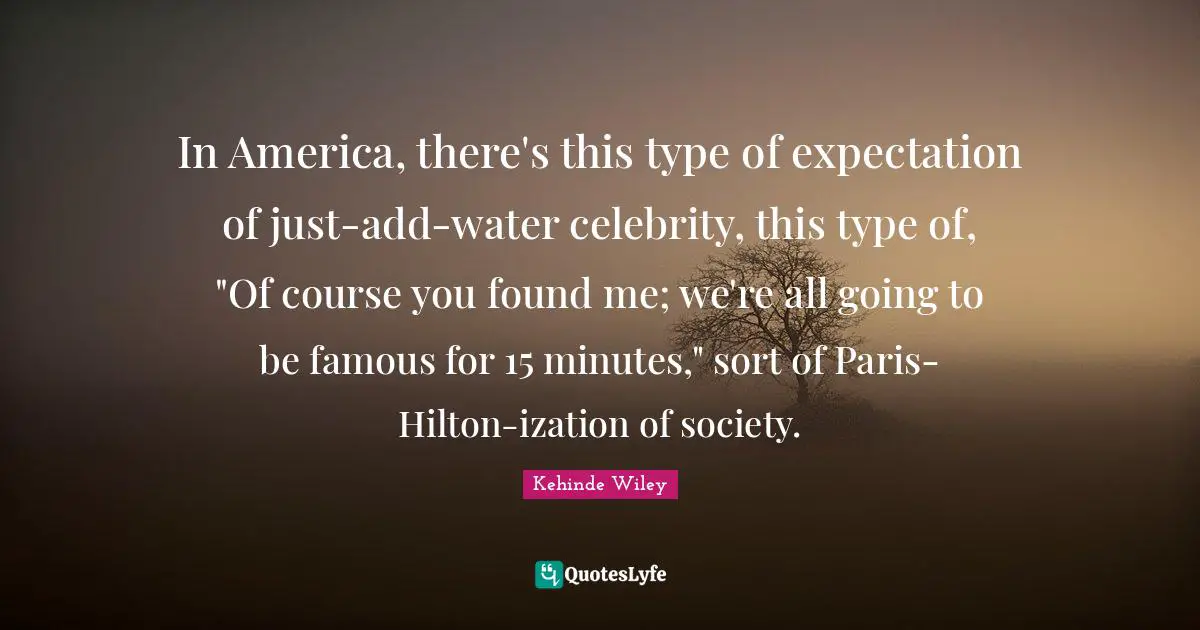 In America, there's this type of expectation of just-add-water celebrity, this type of, "Of course you found me; we're all going to be famous for 15 minutes," sort of Paris-Hilton-ization of society.