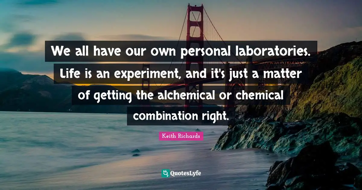 We all have our own personal laboratories. Life is an experiment, and it's just a matter of getting the alchemical or chemical combination right.