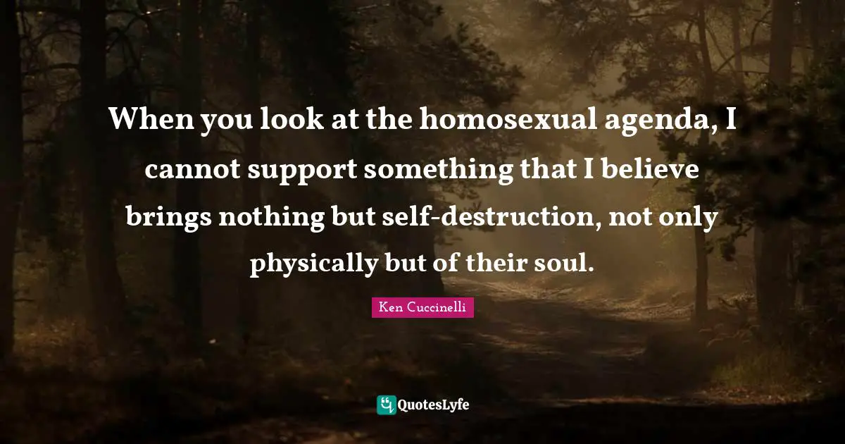 When you look at the homosexual agenda, I cannot support something that I believe brings nothing but self-destruction, not only physically but of their soul.