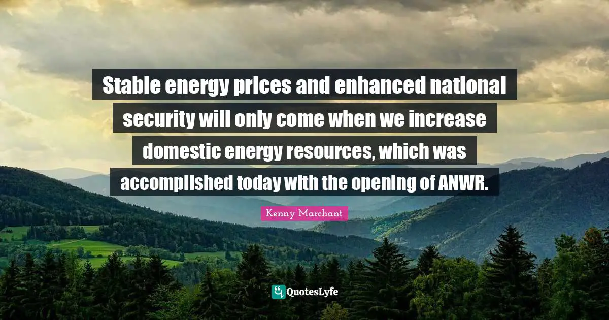 Kenny Marchant Quotes: "Stable energy prices and enhanced national security will only come when we increase domestic energy resources, which was accomplished today with the opening of ANWR."