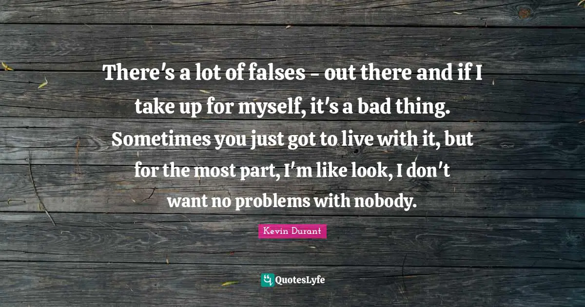 There's a lot of falses - out there and if I take up for myself, it's a bad thing. Sometimes you just got to live with it, but for the most part, I'm like look, I don't want no problems with nobody.