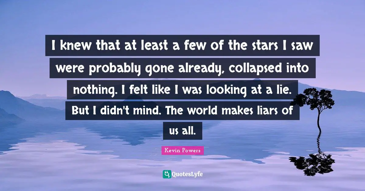 I knew that at least a few of the stars I saw were probably gone already, collapsed into nothing. I felt like I was looking at a lie. But I didn't mind. The world makes liars of us all.