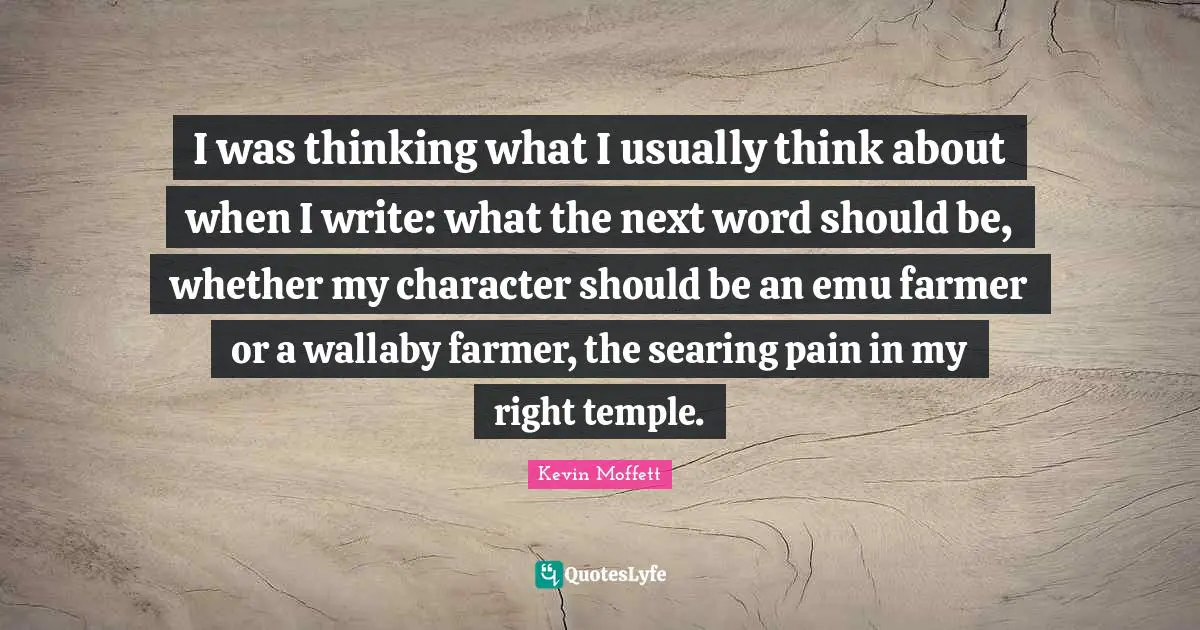 I was thinking what I usually think about when I write: what the next word should be, whether my character should be an emu farmer or a wallaby farmer, the searing pain in my right temple.
