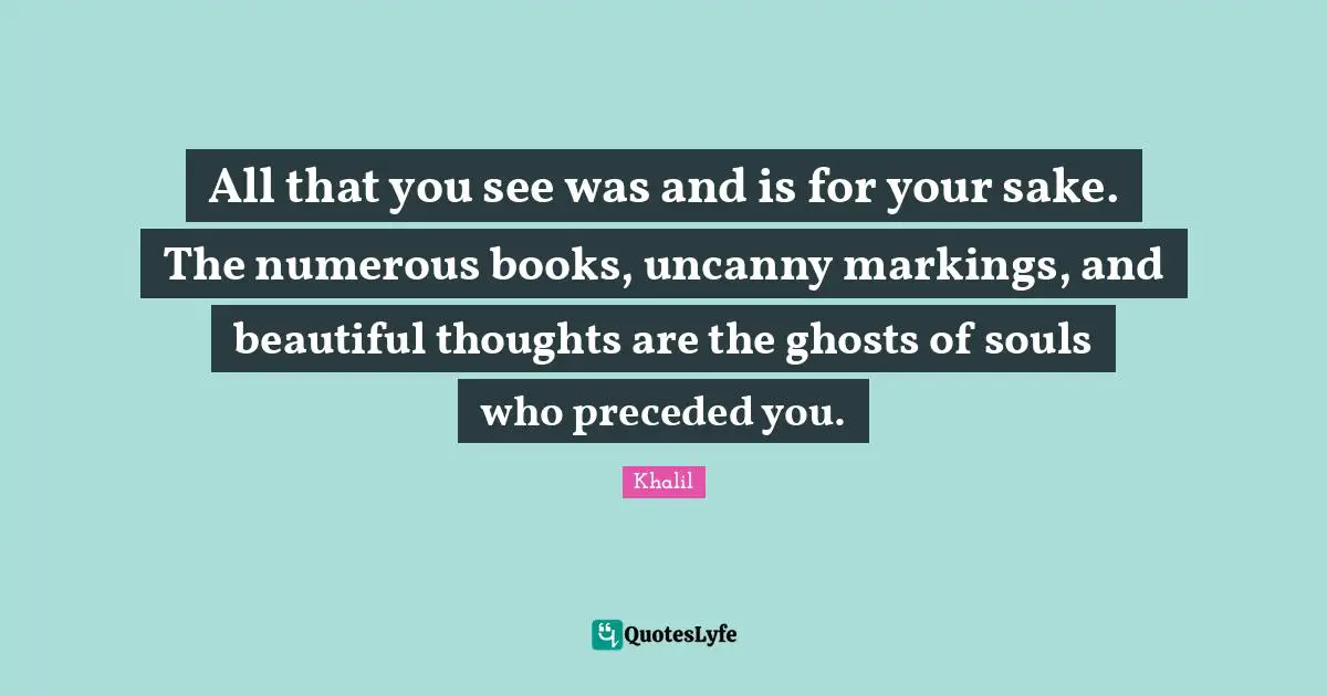 All that you see was and is for your sake. The numerous books, uncanny markings, and beautiful thoughts are the ghosts of souls who preceded you.