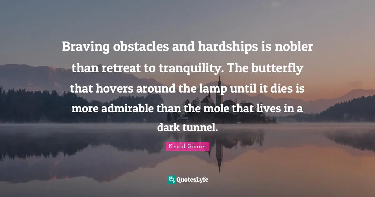 Braving obstacles and hardships is nobler than retreat to tranquility. The butterfly that hovers around the lamp until it dies is more admirable than the mole that lives in a dark tunnel.