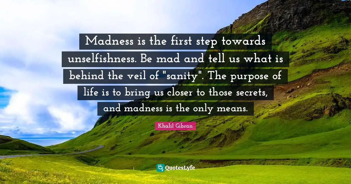 Madness is the first step towards unselfishness. Be mad and tell us what is behind the veil of "sanity". The purpose of life is to bring us closer to those secrets, and madness is the only means.