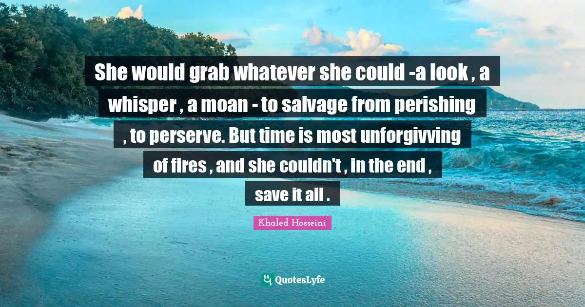 She would grab whatever she could -a look , a whisper , a moan - to salvage from perishing , to perserve. But time is most unforgivving of fires , and she couldn't , in the end , save it all .
