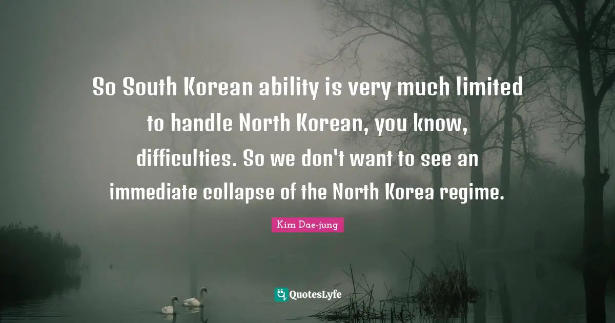 Kim Dae Jung Quotes: "So South Korean ability is very much limited to handle North Korean, you know, difficulties. So we don't want to see an immediate collapse of the North Korea regime."