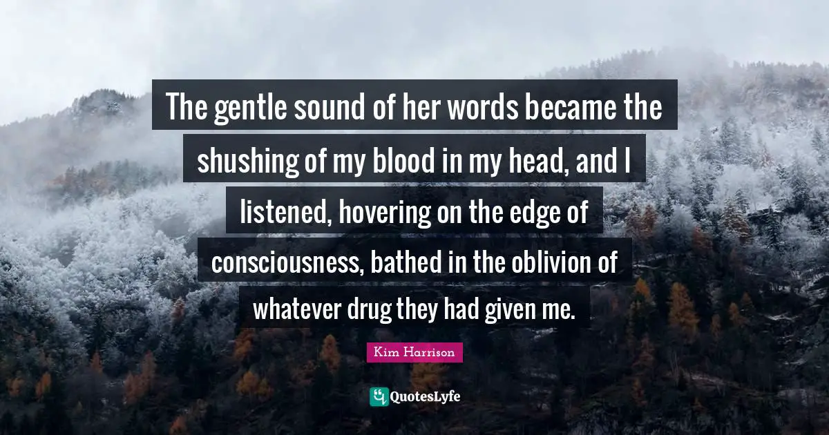 The gentle sound of her words became the shushing of my blood in my head, and I listened, hovering on the edge of consciousness, bathed in the oblivion of whatever drug they had given me.