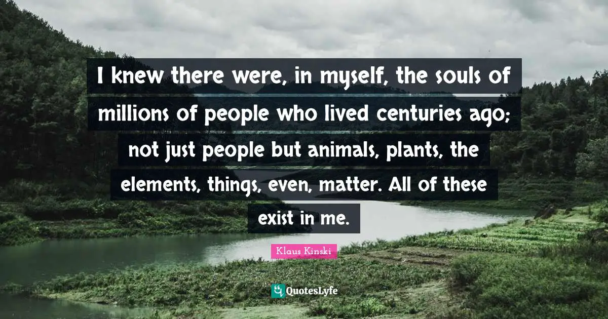 I knew there were, in myself, the souls of millions of people who lived centuries ago; not just people but animals, plants, the elements, things, even, matter. All of these exist in me.