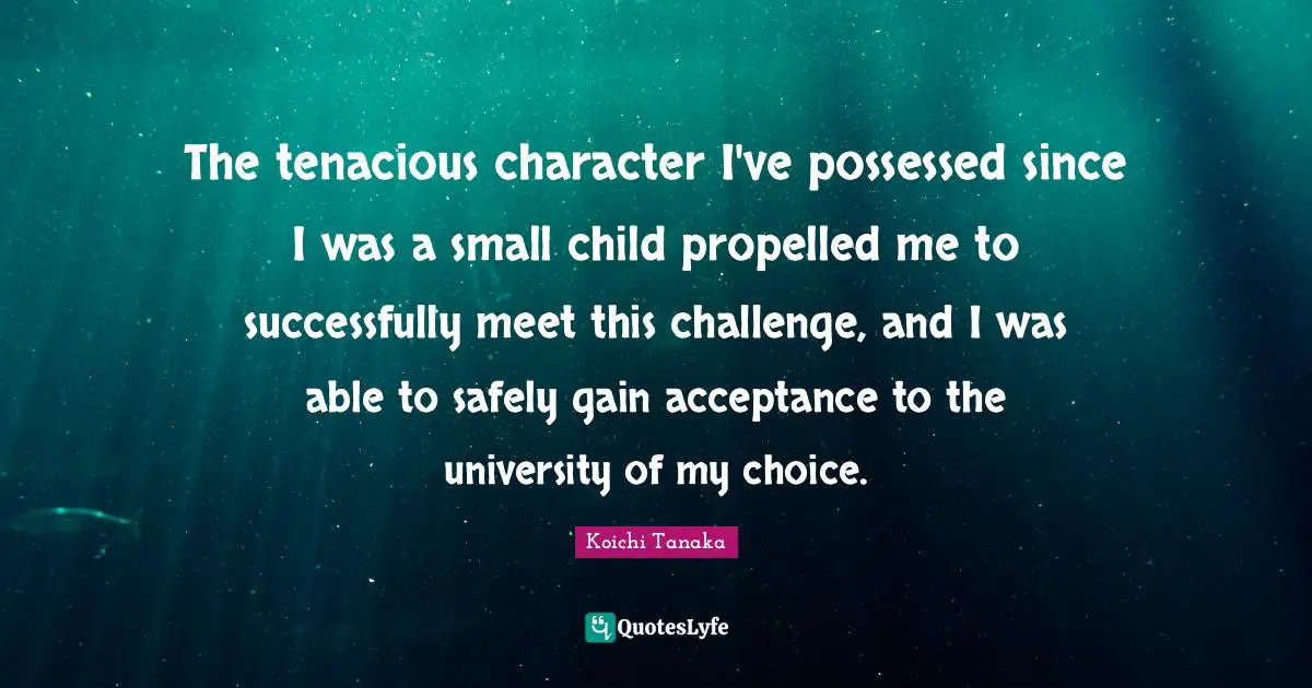 The tenacious character I've possessed since I was a small child propelled me to successfully meet this challenge, and I was able to safely gain acceptance to the university of my choice.