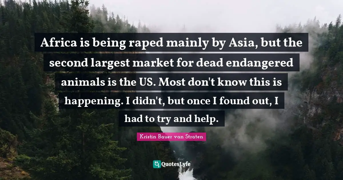 Africa is being raped mainly by Asia, but the second largest market for dead endangered animals is the US. Most don't know this is happening. I didn't, but once I found out, I had to try and help.