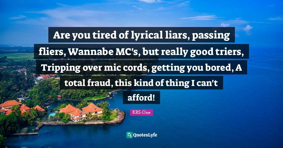 Passing Quotes: "Are you tired of lyrical liars, passing fliers, Wannabe MC's, but really good triers, Tripping over mic cords, getting you bored, A total fraud, this kind of thing I can't afford!"