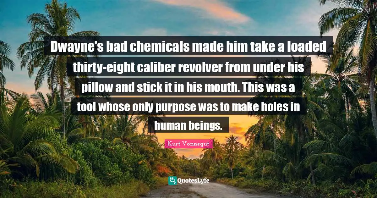 Dwayne's bad chemicals made him take a loaded thirty-eight caliber revolver from under his pillow and stick it in his mouth. This was a tool whose only purpose was to make holes in human beings.