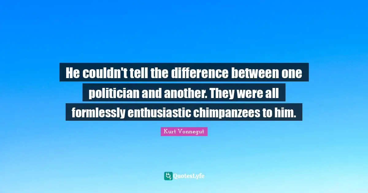 He couldn't tell the difference between one politician and another. They were all formlessly enthusiastic chimpanzees to him.