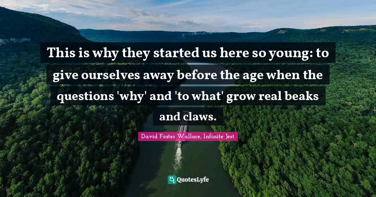 This is why they started us here so young: to give ourselves away before the age when the questions 'why' and 'to what' grow real beaks and claws.