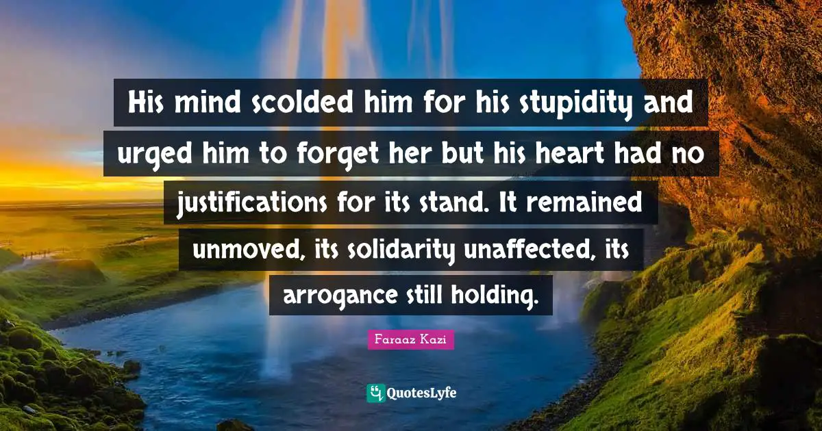 His mind scolded him for his stupidity and urged him to forget her but his heart had no justifications for its stand. It remained unmoved, its solidarity unaffected, its arrogance still holding.