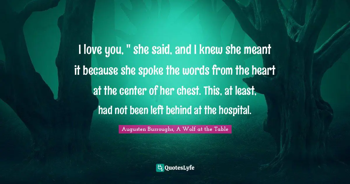 I love you, " she said, and I knew she meant it because she spoke the words from the heart at the center of her chest. This, at least, had not been left behind at the hospital.