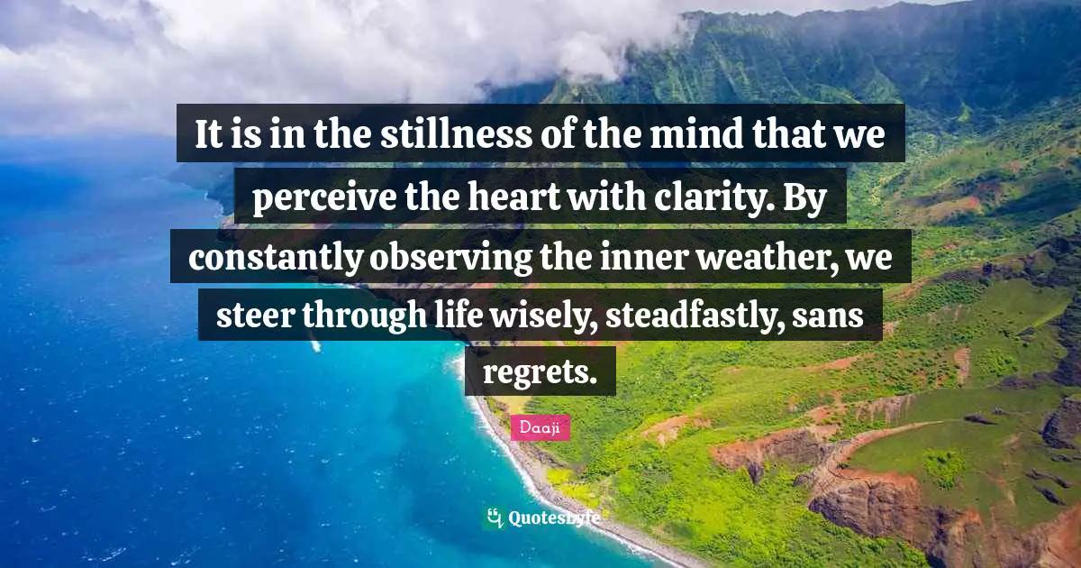 It is in the stillness of the mind that we perceive the heart with clarity. By constantly observing the inner weather, we steer through life wisely, steadfastly, sans regrets.
