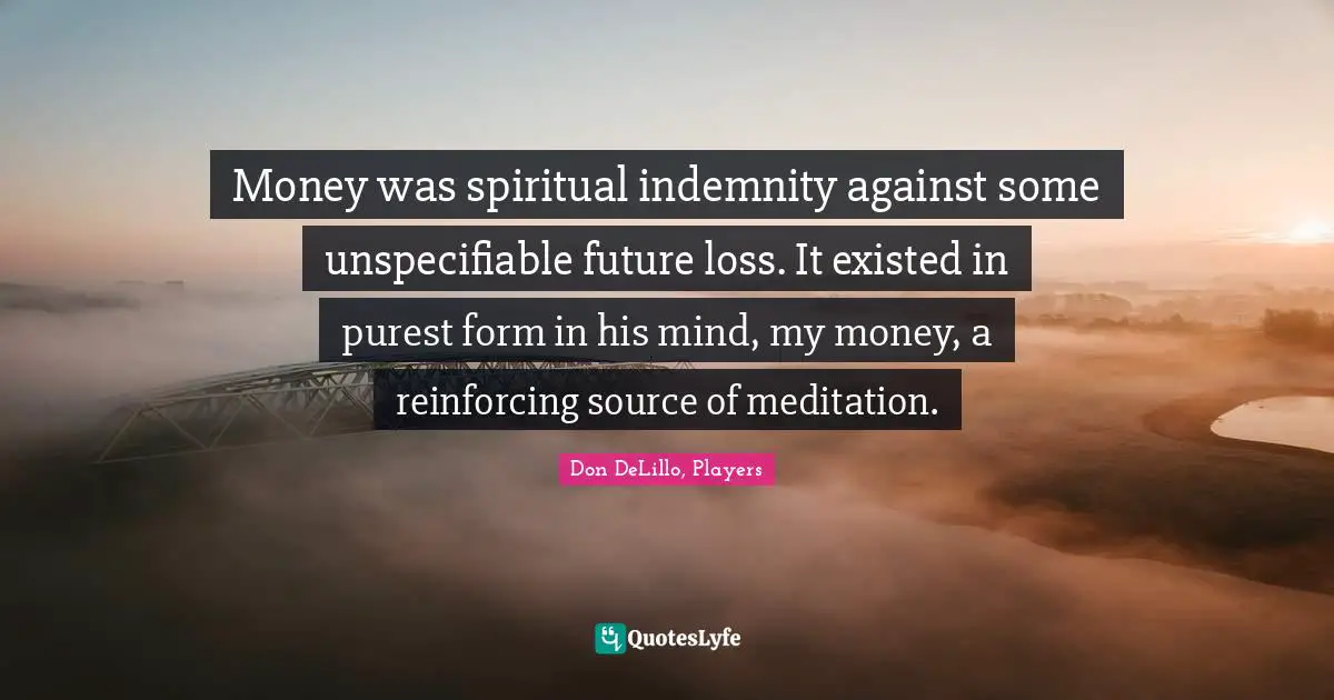 Money was spiritual indemnity against some unspecifiable future loss. It existed in purest form in his mind, my money, a reinforcing source of meditation.