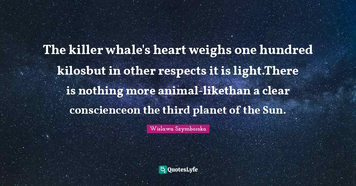 The killer whale's heart weighs one hundred kilosbut in other respects it is light.There is nothing more animal-likethan a clear conscienceon the third planet of the Sun.