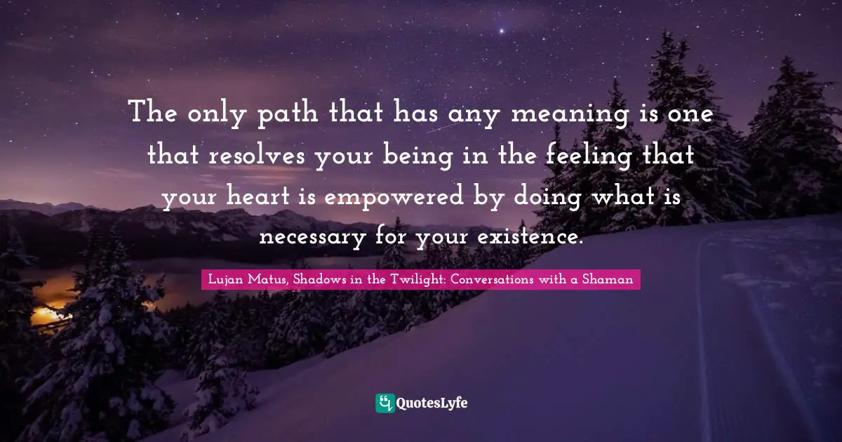 Lujan Matus, Shadows In The Twilight: Conversations With A Shaman Quotes: "The only path that has any meaning is one that resolves your being in the feeling that your heart is empowered by doing what is necessary for your existence."