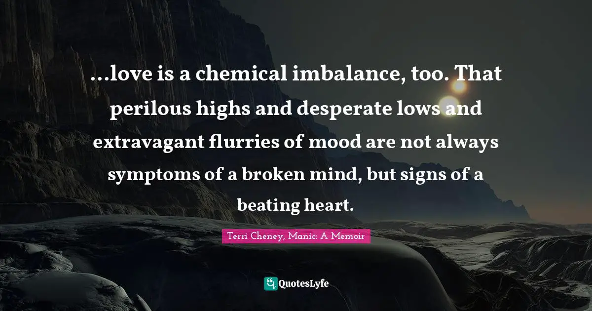 ...love is a chemical imbalance, too. That perilous highs and desperate lows and extravagant flurries of mood are not always symptoms of a broken mind, but signs of a beating heart.