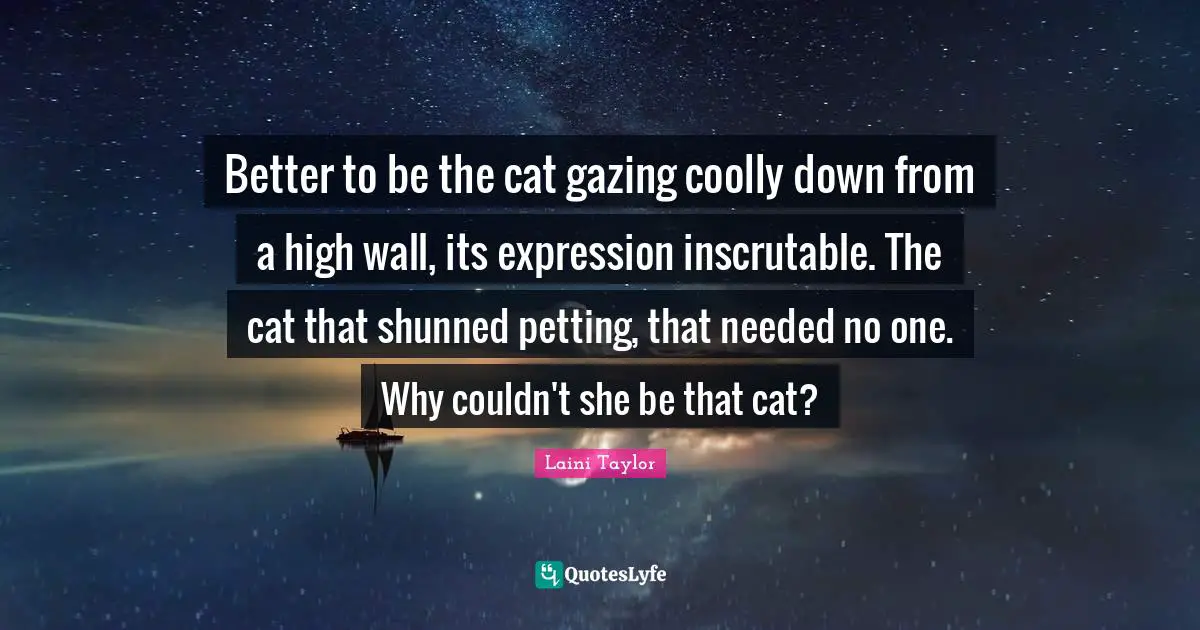 Inscrutable Quotes: "Better to be the cat gazing coolly down from a high wall, its expression inscrutable. The cat that shunned petting, that needed no one. Why couldn't she be that cat?"