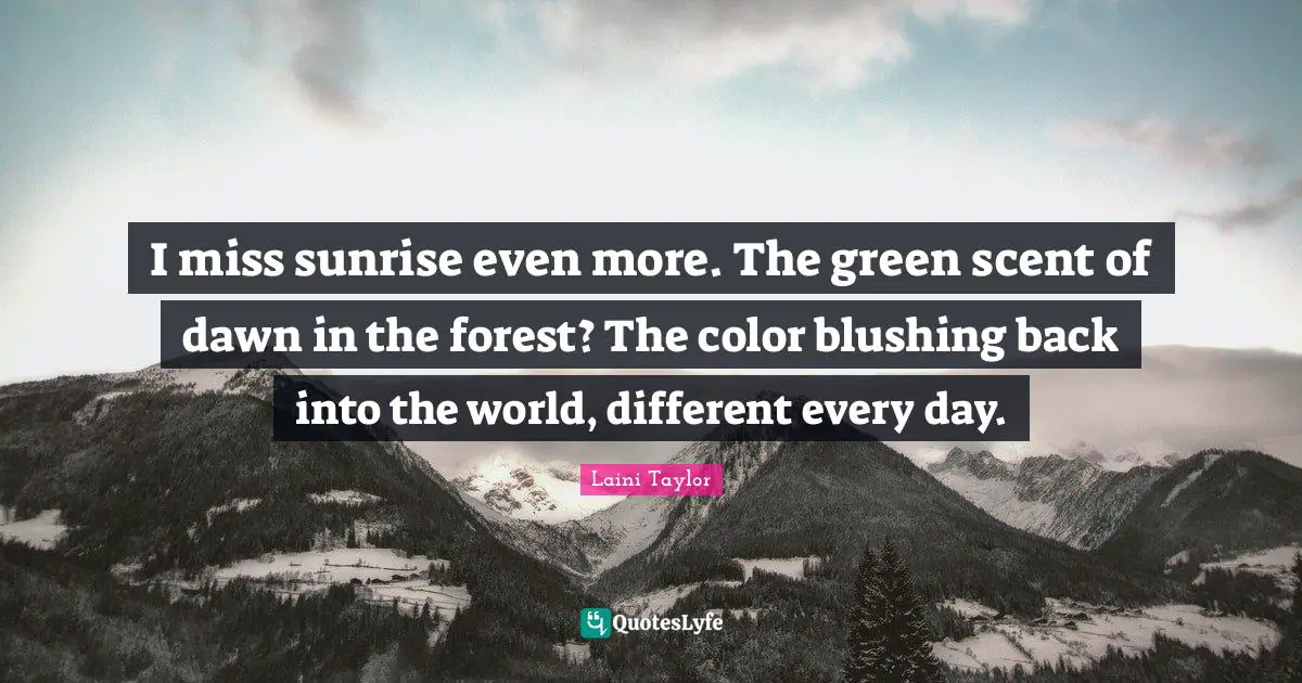 Blushing Quotes: "I miss sunrise even more. The green scent of dawn in the forest? The color blushing back into the world, different every day."