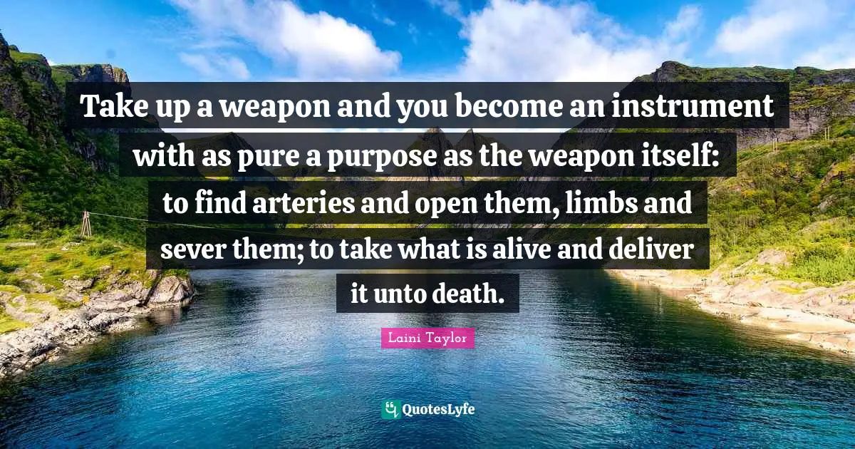 Take up a weapon and you become an instrument with as pure a purpose as the weapon itself: to find arteries and open them, limbs and sever them; to take what is alive and deliver it unto death.