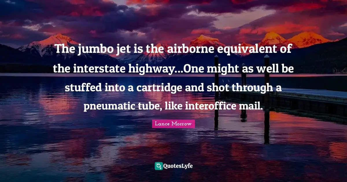 The jumbo jet is the airborne equivalent of the interstate highway...One might as well be stuffed into a cartridge and shot through a pneumatic tube, like interoffice mail.