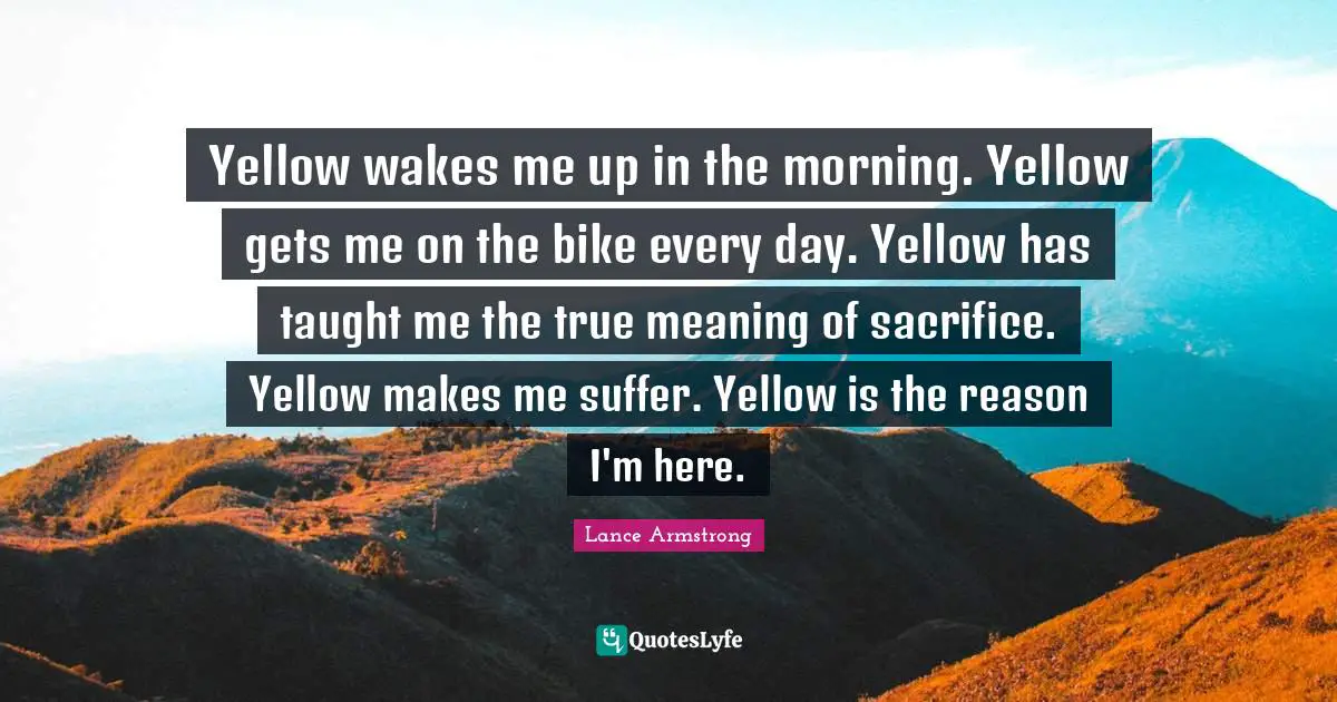 True Meaning Quotes: "Yellow wakes me up in the morning. Yellow gets me on the bike every day. Yellow has taught me the true meaning of sacrifice. Yellow makes me suffer. Yellow is the reason I'm here."