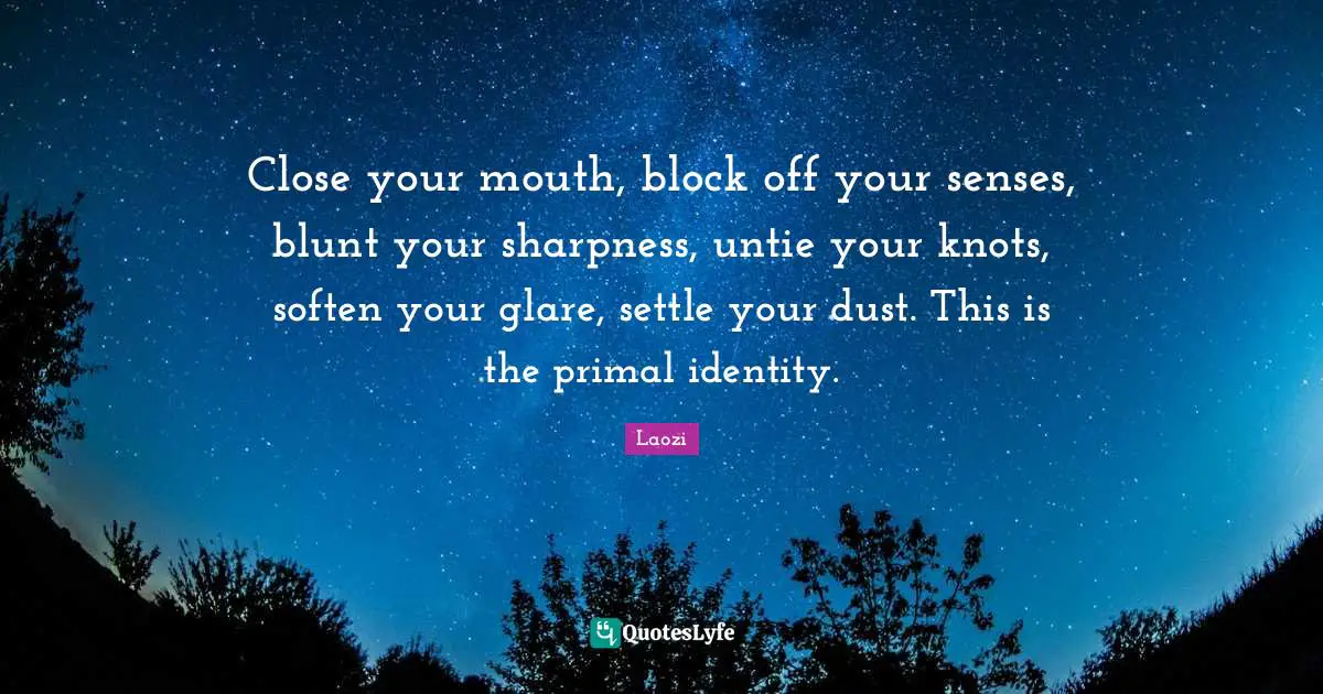 Glare Quotes: "Close your mouth, block off your senses, blunt your sharpness, untie your knots, soften your glare, settle your dust. This is the primal identity."