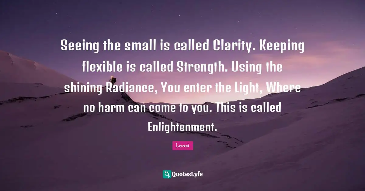 Seeing the small is called Clarity. Keeping flexible is called Strength. Using the shining Radiance, You enter the Light, Where no harm can come to you. This is called Enlightenment.